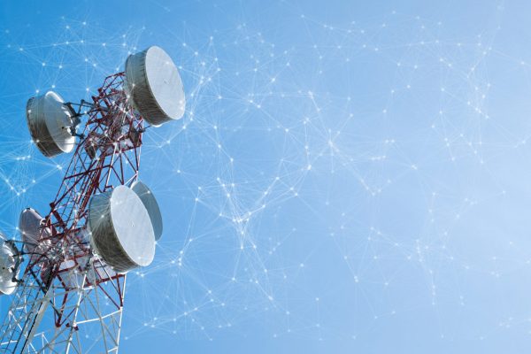 Telecommunication tower with mesh dots, glittering particles for